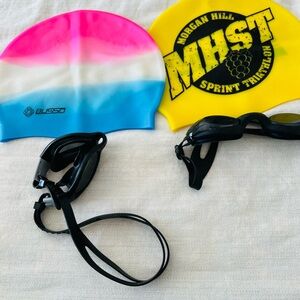 Swim Cap & Goggles Set - Pink/White/Blue & Yellow Caps with Black Goggles